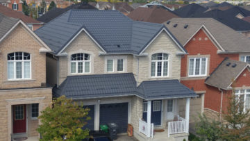 Dark Grey Metal Roof Beige Brick House