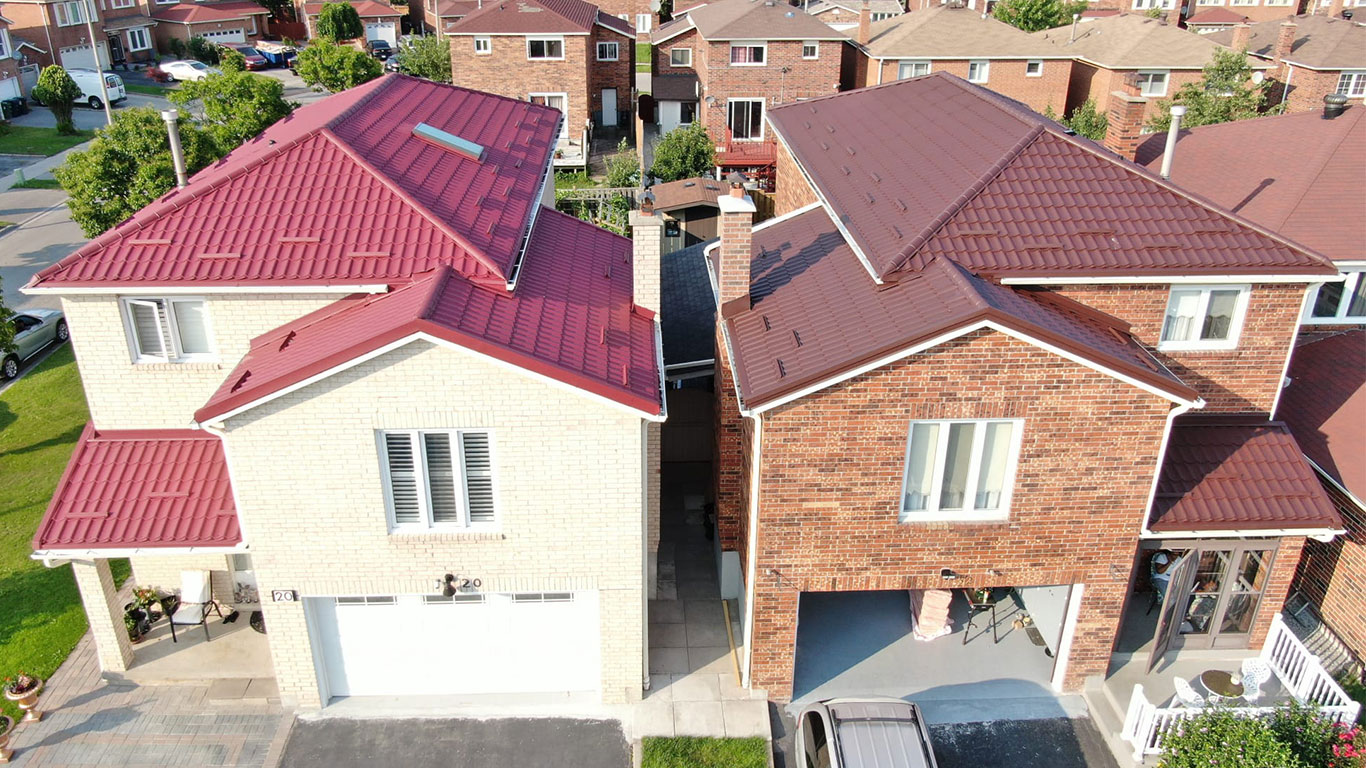 Metal Roofing Installations in Scarborough Ontario. Burgundy Red Steel Roof and Chocolate Brown Steel Roof.